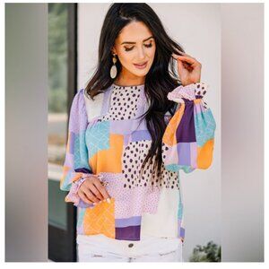 Fate Multicolor Abstract Patchwork Long Puff Sleeve Ruffle Keyhole Blouse Size S